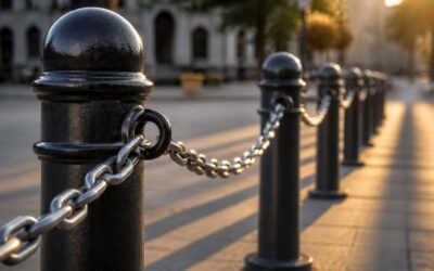 Bollards with chain link create secure parking lot perimeters.